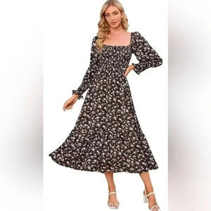 NEW Women Floral Print Square Neck Long Sleeve A Line Smocked Flowy Maxi Dress